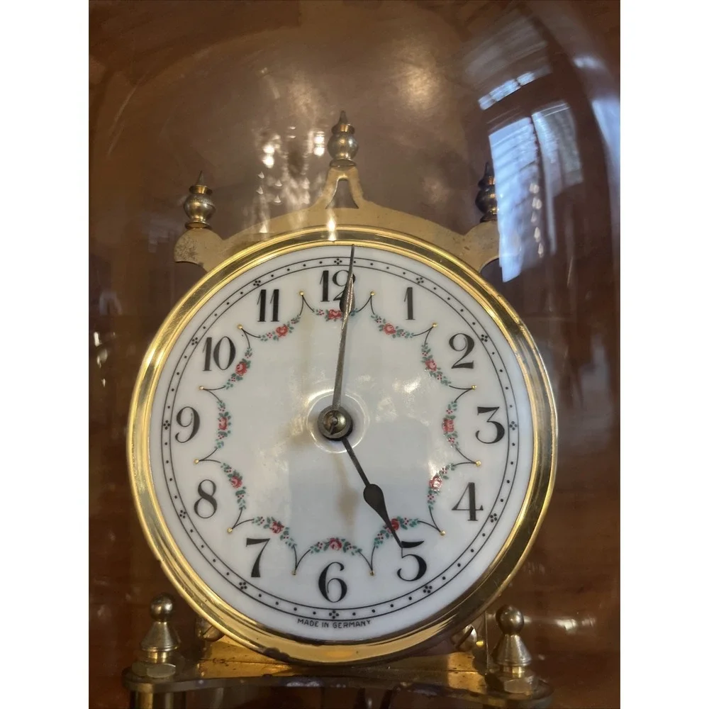 VTG Kieninger & Obershell Gold Torsion Clock w/Glass Dome & Key-Needs repair